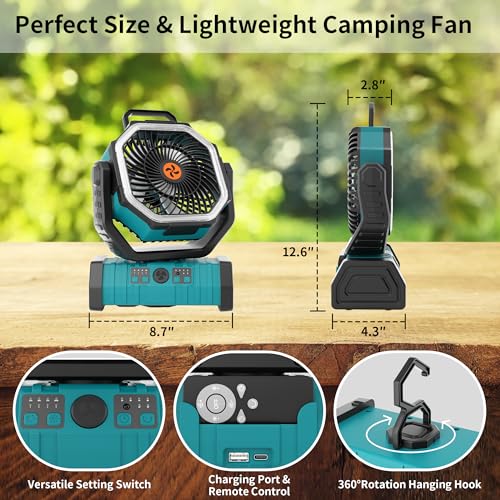 TDLOL 20000mAh Outdoor Camping Fan Battery Operated,Portable Rechargeable Battery Powered Fan with LED Light,360°Oscillati...