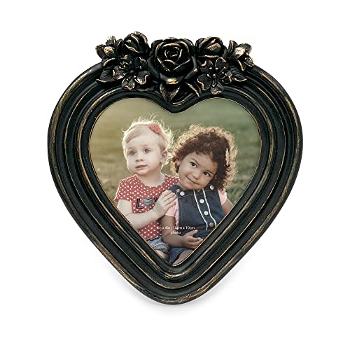 Isaac Jacobs 4x4 Heart-Shaped Resin Picture Frame with Rose Design, Decorative Photo Frame, Tabletop & Wall Display, Hangi...