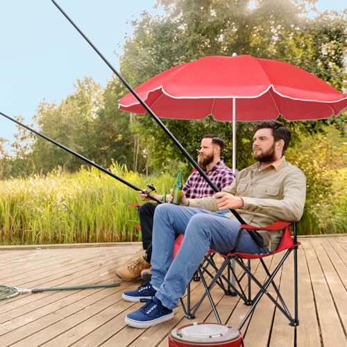 Outvita Folding Double Camping Chair w/Umbrella Beverage Holder Carrying Bag Cooler Fold Up Table, Large Bearing Capacity ...
