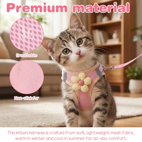 DOPENSPI Flower Cat Harness and Leash Set for Walking Escape Proof, 10.2-11.8in Neck Adjustable Kitten Harness and Leash S...