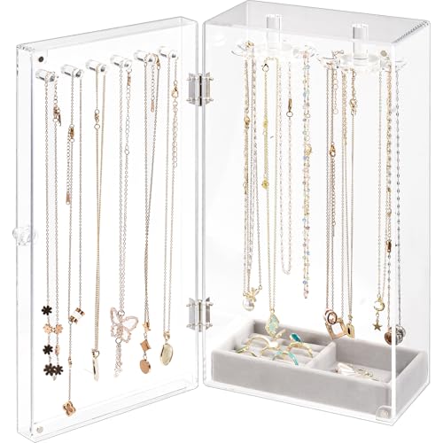 Lolalet Necklace Holder Organizer, Acrylic Jewelry Organizer with 24 Hooks, Rotating Clear Necklaces Display Box, Dust-pro...