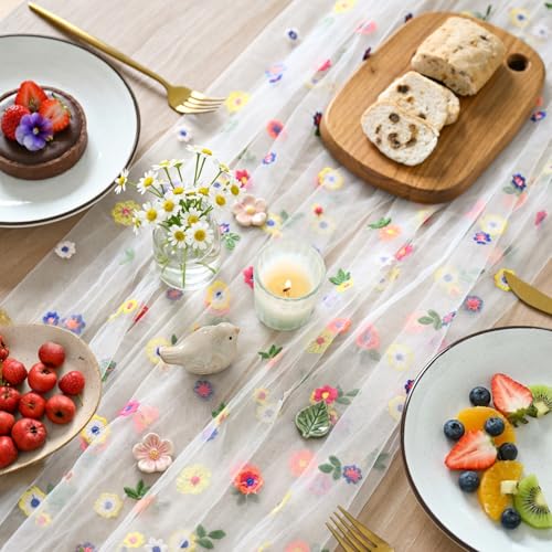 Artoid Mode Milky White Wildflower Floral Gauze Embroidery Table Runner 120 Inch 10FT, Tulle Seasonal Spring Kitchen Dinin...