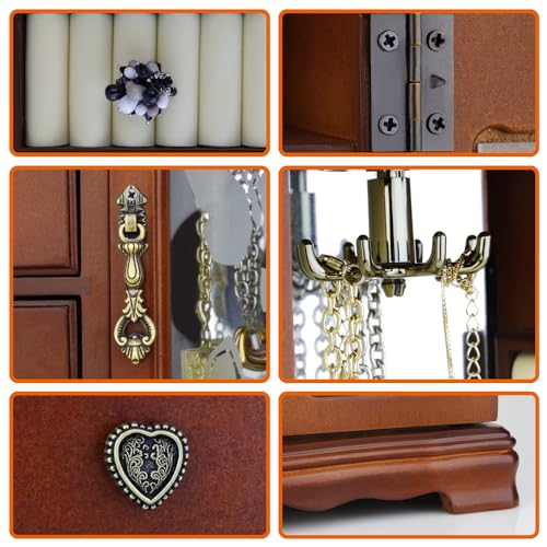 RR ROUND RICH DESIGN Solid Wooden Jewelry Box Makeup and Organizer Women Ring Storage with 4-Drawers Built-in Necklace Car...