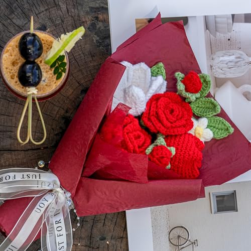 MengxFly Crochet Flower Bouquet Red Handmade Crochet Flowers, Romantic Gift for Her, Knitted Floral Bouquet with Gift Box ...