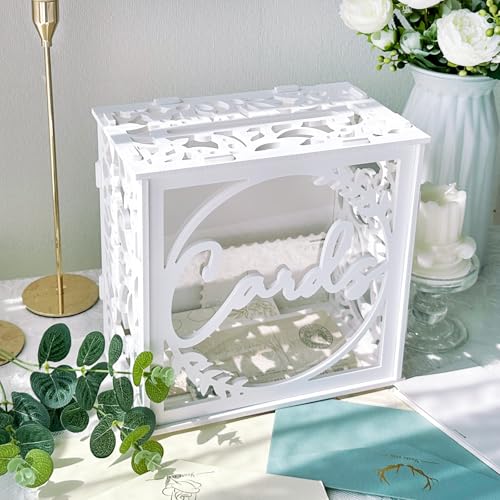 OurWarm White Wedding Card Box for Receptions, PVC Gift Card Box for Wedding with Acrylic Windows, Rustic Envelope Money G...