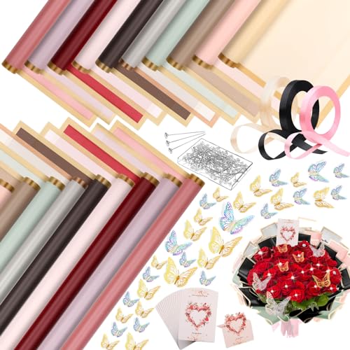 Thrilez 187PCS Flower Bouquet Wrapping Paper Kit Includes 40 Floral Paper, 24 Butterflies, 100 Bouquet Pins, 3 Ribbons and...