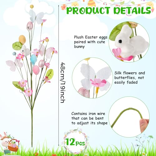 Maysing 12 Pcs Artificial Easter Bunny Picks Stems Spring Berry Floral Tree Branches with Easter Egg Twig Branches Butterf...