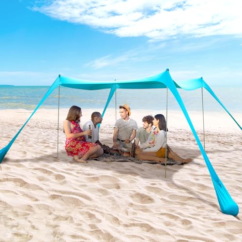 BOTINDO Family Beach Tent Canopy Sun Shade, Pop Up Grande Beach Tent Sun Shelter Stability 4 Poles with Portable Carry Bag...