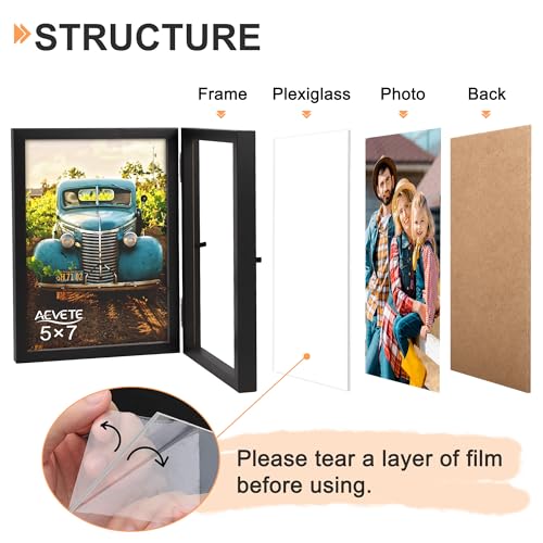AEVETE 5x7 Picture Frames Double Hinged Wood Folding Photo Frames Vertical with Plexiglass Front, Black