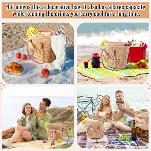 Dansydaisy Insulated Beach Woven Cooler Bag for Women, Leak Proof Summer Straw Bag with Zipper, Picnic & Pool, Stylish Str...