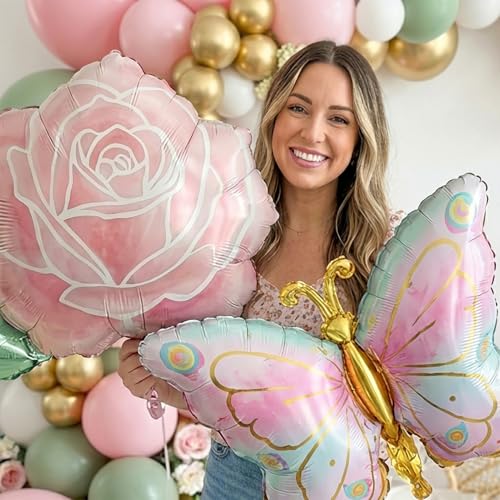 Spring Flower Balloon Garland Kit - 117Pcs Green Pink Gold Arch with Flower & Butterfly Foil Balloons | Baby in Bloom, But...