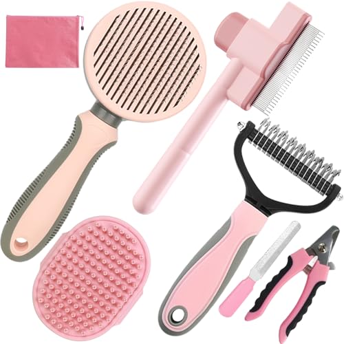 KUEIOX Pet Grooming Kit - 7 PCS Deshedding Brush Set with Slicker, Undercoat Rake, Bath Brush & Nail Clipper for Short & L...