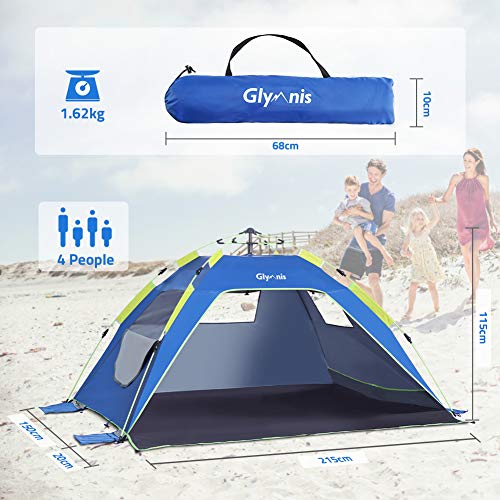 Glymnis Pop Up Beach Tent Sun Shade Shelter for 3-4 Person with UPF 50+, Lightweight & Easy Setup, Vent Windows & Zippered...