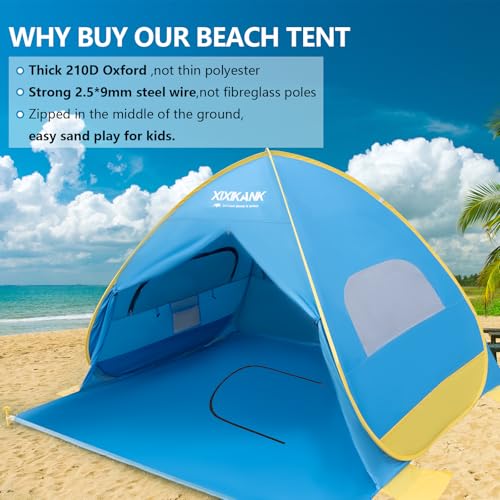 XIXIKANK 2 Second Easy Setup Pop Up Beach Tent for 4 Person,UPF 50+ UV Protection Beach Shade, Wind Resistant Sun Protecti...