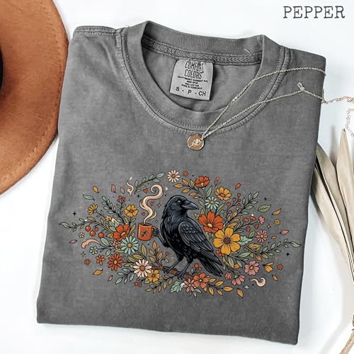 Retro Crow Coffee Design - Womens Comfort Colors - Pepper Grey Floral Raven Botanical Graphic Tee