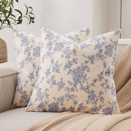 YZJZEDS 100% Cotton French Pastoral Throw Pillow Covers Set of 2, 20x20 Inch Blue Farmhouse Decorative Cushion Covers for ...
