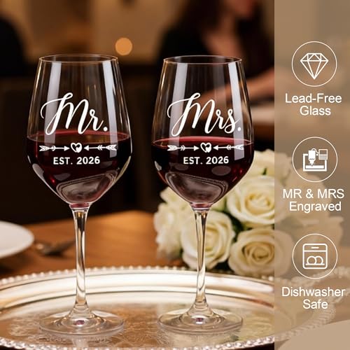 Verouis Wedding Gifts for Couples 2026 Mr and Mrs Engraved Wine Glasses Engagement Gift for Newlywed Bachelorette Bridal S...