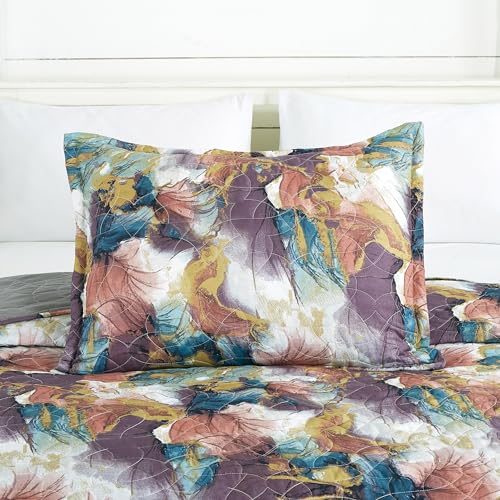 Chezmoi Collection Passion 3-Piece Floral Quilt Set Queen - Multicolor Purple Red Blue White Gray Yellow Waterbrush Printe...
