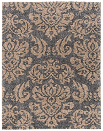 SAFAVIEH Florida Shag Collection Area Rug - 8'6" x 12', Grey & Beige, Damask Design, Non-Shedding & Easy Care, 1.2-inch Th...