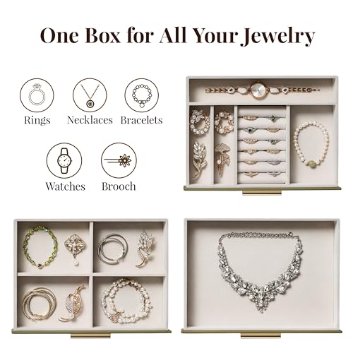 Jewelry Box Organizer Case for Women: 3-Layer Jewelry Storage Case with Glass Window, Olive Green Leather with Cream Velve...
