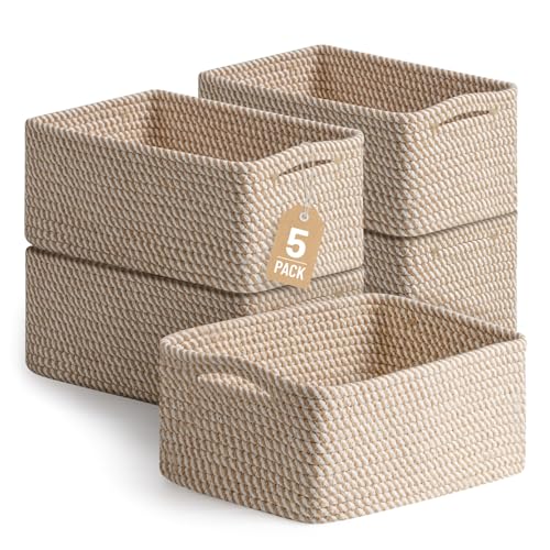 5 Pack Decorative Small Storage Baskets for Shelves, Cotton Rope Woven Basket for Organizing Bathroom, Nursery, Closet, Ca...
