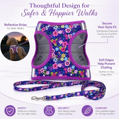 Moonpet Step in Dog Harness Leash Set- All Weather Reflective No-Pull Floral Pattern Padded Mesh Vest Harness for Cats Pup...