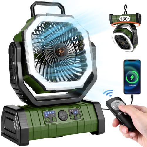 Odoland 30000mAh Camping Fan with LED Lantern, Rechargeable Battery Operated Oscillating Fan with Remote & Hook, Portable ...