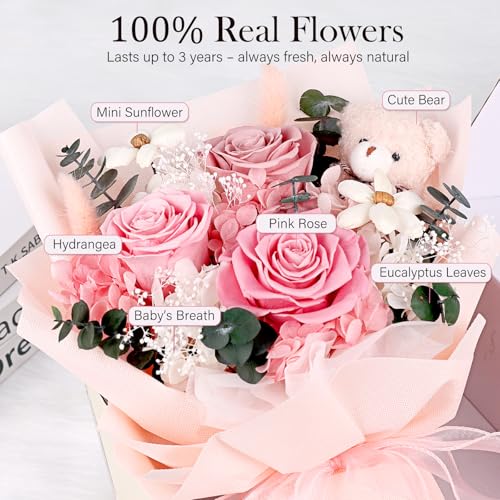 Preserved Flowers Bouquet with Bear, 3 Real Forever Flowers for Delivery, Long-Lasting Pink Eteranl Roses Bouquet, Mothers...