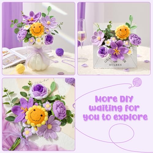 Faylifeway Crochet Flower Bouquet, Handmade Knitted Flowers,Purple Crochet Sunflower Bouquet for Lover Birthday, Anniversa...