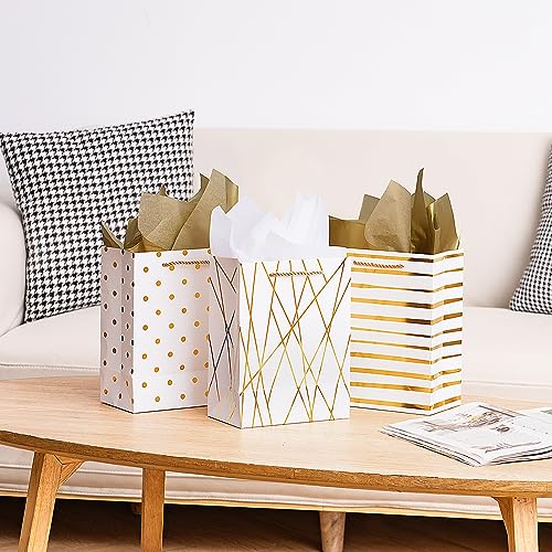 Nihuecne 9" Gift Bags Medium Size with Tissue Paper, 4 Pack White Gold Wrap Paper Gift Bags with Handles for Shopping Part...