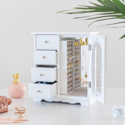 ZGZD White Jewelry Box for Girls Wooden Makeup and Accessories Organizer Ring Storage with 4 Drawers and Swing Door