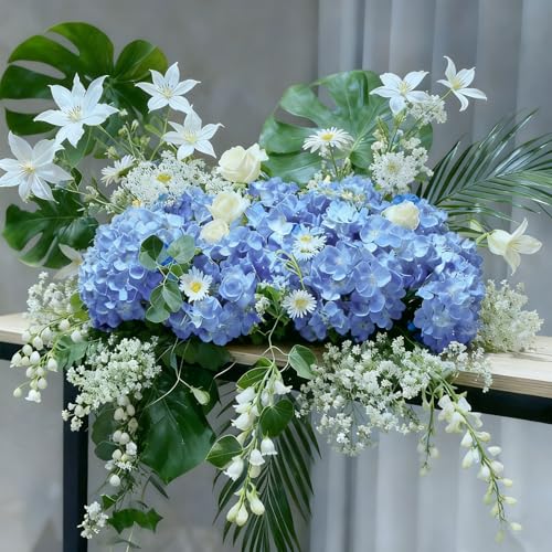 Cherica 65Pcs Blue Hydrangea Artificial Flowers Bulk，Realistic Silk Fake Flowers with Stems，Faux Hydrangea Flowers for Wed...