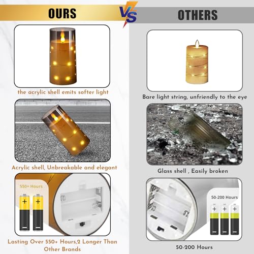 NURADA Flickering Flameless Candles: Built-in Star String Lights 3D Wick Acrylic Battery Operated LED Pillar Candles with ...