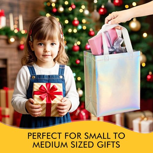 RACETOP 15 Pcs Iridescent Glossy Gift Bags Medium Size, 8x4x10 Inch Holographic Reusable Gift Bags with Handles, Ideal for...