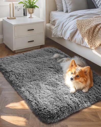 Ophanie Small Rug Upgrade Non Slip Throw Bedside Area Rugs, Fluffy Soft Grey Mini Bedroom Carpet, Affordable Door Entryway...