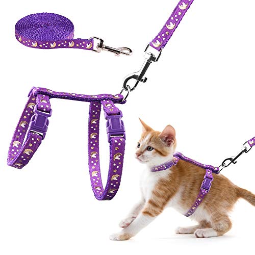 Cat Harness and Leash Set Gold Moons Soft Nylon Escape Proof Adjustable for Kittens Small Animals Glow in The Dark(Purple)