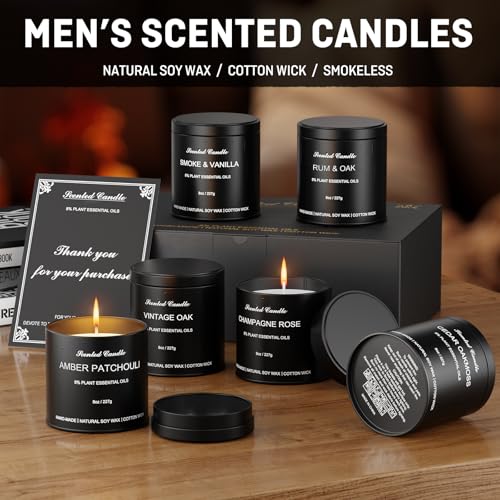 Men's Scented Candles Gift Set - 6 Pack Luxury Soy Candles for Home Scented, Masculine Woodsy Fragrances: Smoke Vanilla, R...