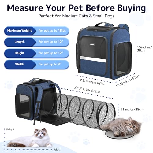 Cat Carrier Backpack with Detachable Play Tunnel, 2 in 1 Cat Tunnel Backpack Suitable for Carrying & Playing, Expandable P...