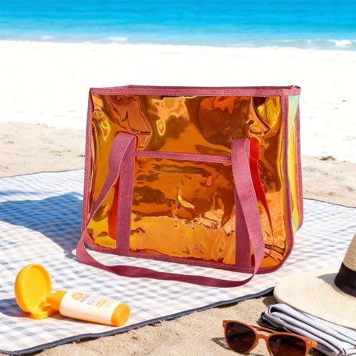 TotePrint Star-Print Holographic Beach Bag - Waterproof Iridescent PVC Tote for Women, Stadium Approved Clear Tote for Travel