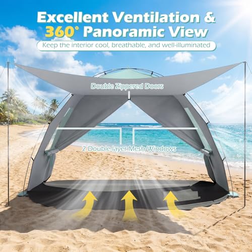 Tangkula 3/4/5/6 Person Pop Up Beach Tent with Canopy, UPF50+ Silver-Coated Lightweight Beach Sun Shelter with Extended Fl...