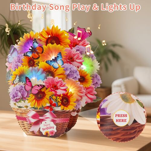 MZD8391 Birthday Cards with MUSIC & LIGHTS, Pop Up Happy Birthday Card, Sunflower & Butterfly, 10 Inch Life Sized Forever ...