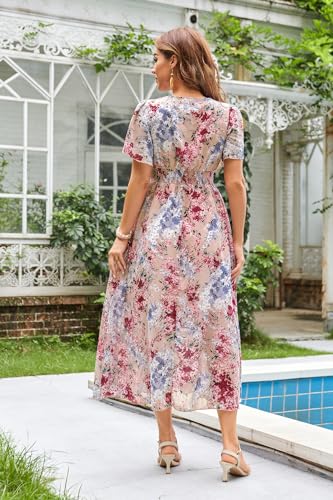 Women's Floral Maxi Dress Flowy V Neck Empire Waist Summer Wedding Guest Party Casual Chiffon Dress