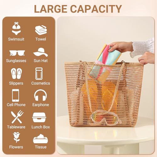 LAILAILE Beach Bags for Women - Large Nylon Mesh Beach Tote Bag with Zipper Pocket & Sandproof Design