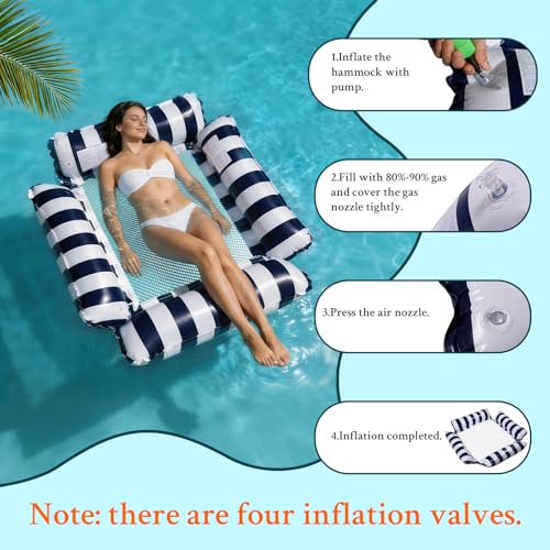 Pool Floats Adult Inflatable Hammock with Cooling Mesh, Portable Foldable Water Chair for Beach Vacation Essentials, Strip...