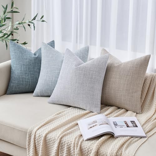 MIULEE Burlap Linen Spring Throw Pillow Covers 18x18 Inch Set of 2 Coastal Light Blue Farmhouse Decorative Pillows Modern ...