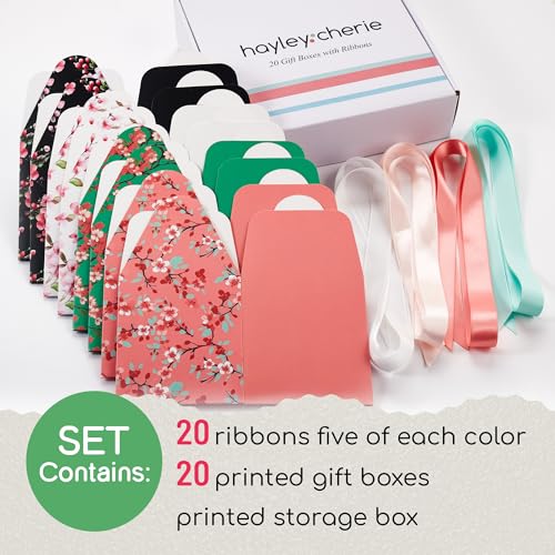 Floral Gift Boxes with Lids & Ribbons (20 Pack) 6” x 5” Decorative Printed Treat Boxes for Gift Giving, Cookie Tins, Mitha...
