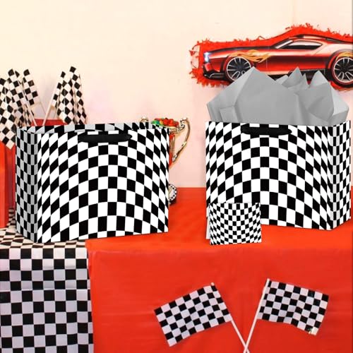 Hooqict Large Checkered Gift Bag Black and White Racing Car Gift Wrap Bag with Handles, Tissue Paper, Greeting Cards for K...
