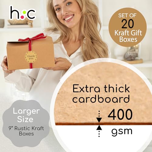 Large Brown Kraft Cookie Boxes with Ribbons & Sticker (20 Pack) 9” x 5.5” Decorative Craft Gift Boxes for Baked Goods, Can...