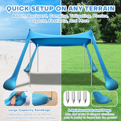 Beach Tent Canopy UPF50+ Protection, 10x10FT Beach Shade Sun Shelter Pop Up with 4 Stability Poles, Sandbags, Sand Shovel...
