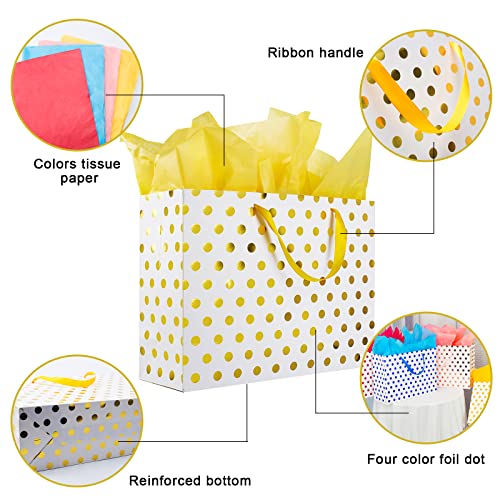 Plauthus 15.7" Extra Large Gift Bags for Presents with Tissue Paper for Birthday Party and Baby Shower (4 Pack, Gold, Rose...